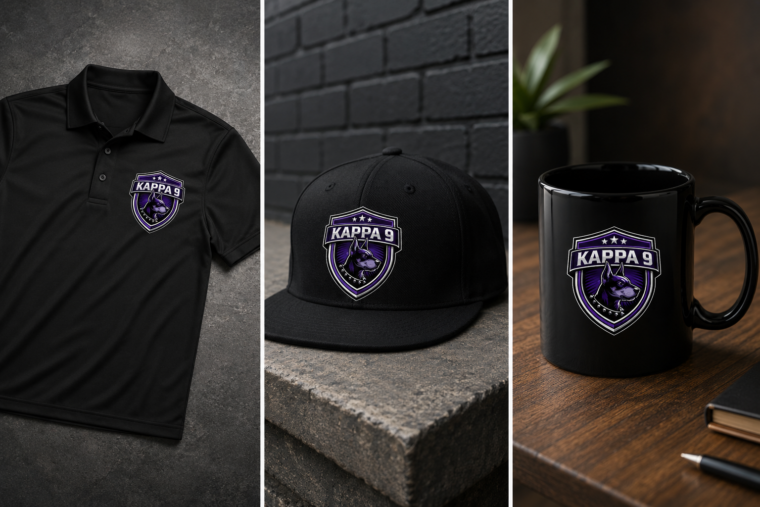 Kappa9 black polo, fitted hat, and black mug merchandise